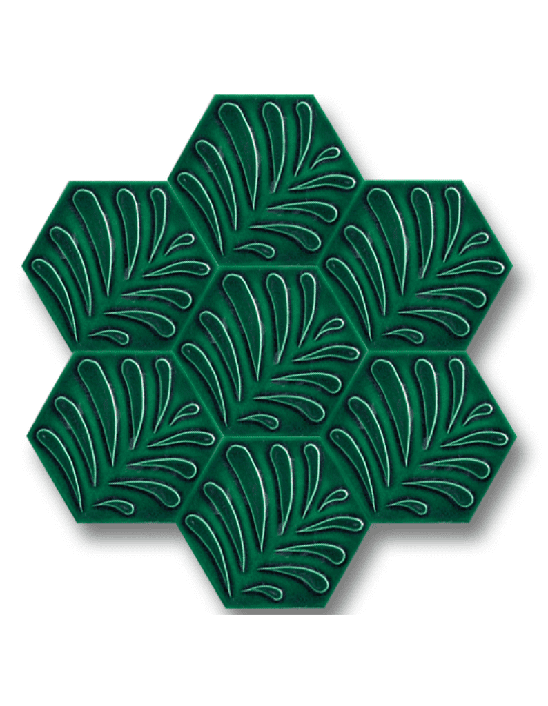 Altıgen Seramik Karo - 04, İznik Altıgen Yeşil Seramik Çiçek Desen 15x17