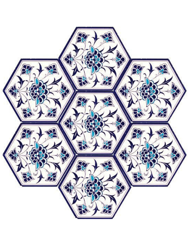 Altıgen Seramik Karo - 54, İznik Desenli Altıgen Çini Karo